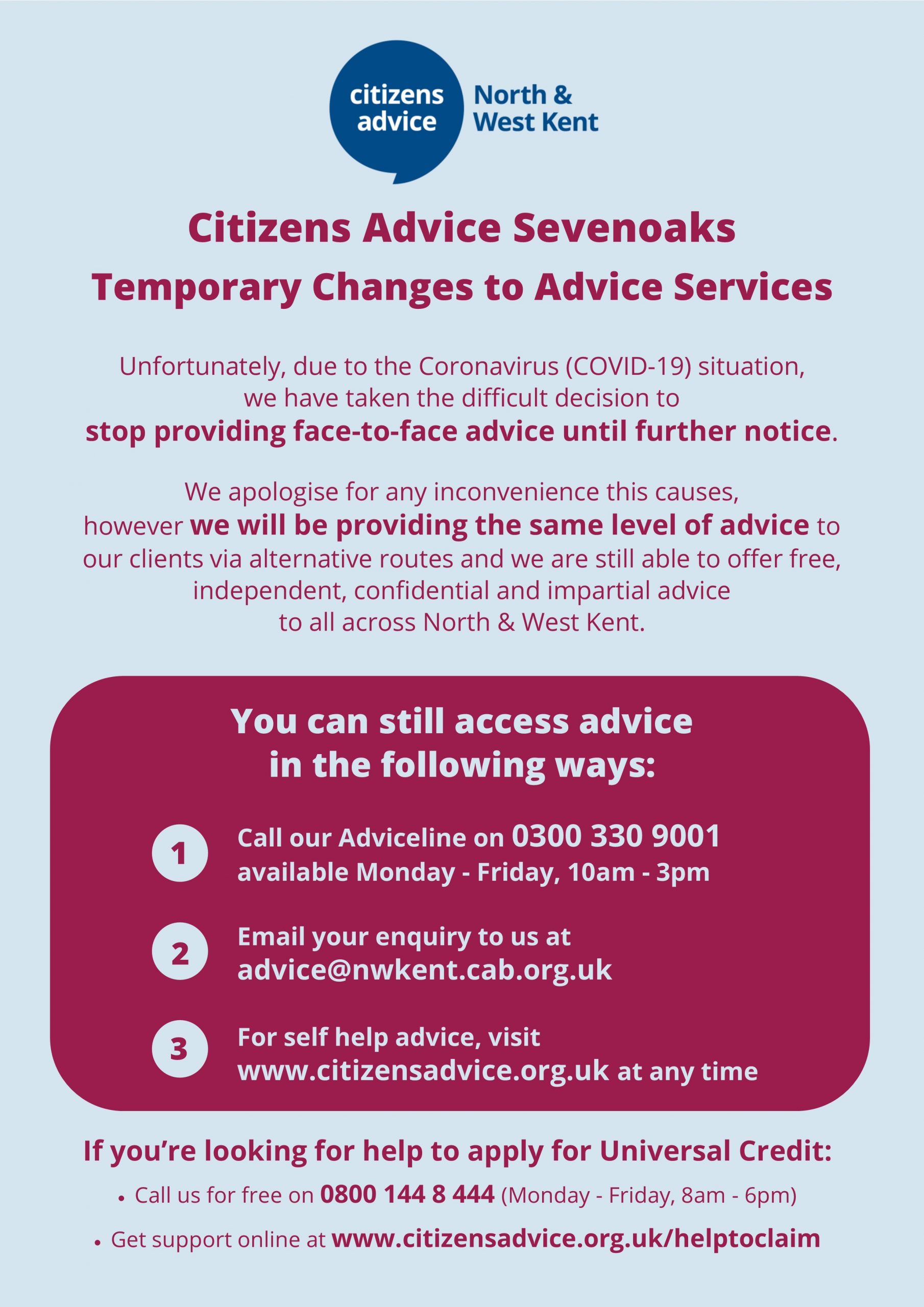 CITIZENS ADVICE SEVENOAKS MOVE SWIFTLY TO PROVIDE FREE ADVICE ON